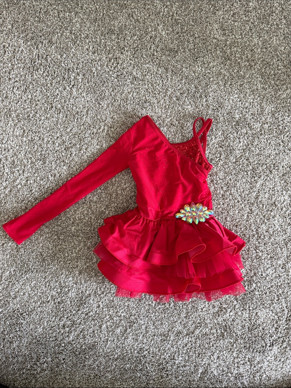 Weissman Bright Red One-Shoulder Ruffle Dance Costume with Jewel Accent